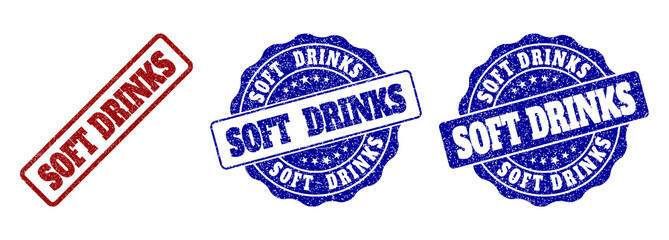 SOFT DRINKS grunge stamp seals in red and blue colors. Vector SOFT DRINKS signs with grunge surface. Graphic elements are rounded rectangles, rosettes, circles and text labels.