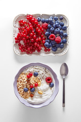 Healthy breakfast made of fruits and cereals viewed from above. Top view
