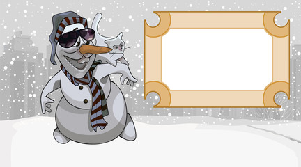 cartoon funny snowman with a cat looks at the empty signboard