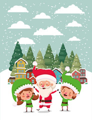 couple helpers with santa claus in snowscape
