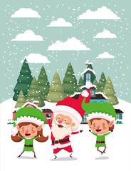 couple helpers with santa claus in snowscape