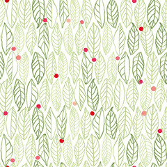 White vector repeat pattern with green leaves in rows and red dots. Christmas. Surface pattern design.