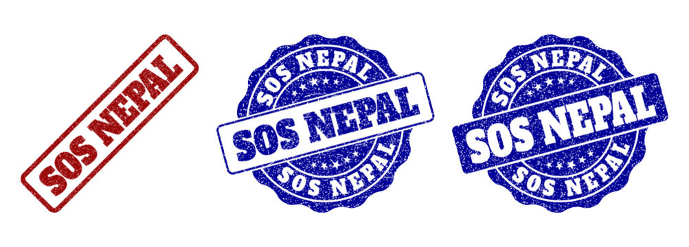 SOS NEPAL grunge stamp seals in red and blue colors. Vector SOS NEPAL marks with grunge effect. Graphic elements are rounded rectangles, rosettes, circles and text tags.