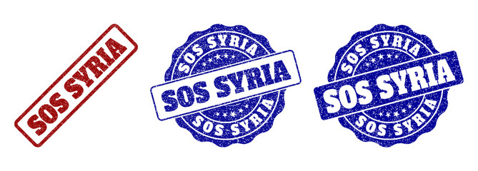 SOS SYRIA grunge stamp seals in red and blue colors. Vector SOS SYRIA watermarks with grunge surface. Graphic elements are rounded rectangles, rosettes, circles and text labels.