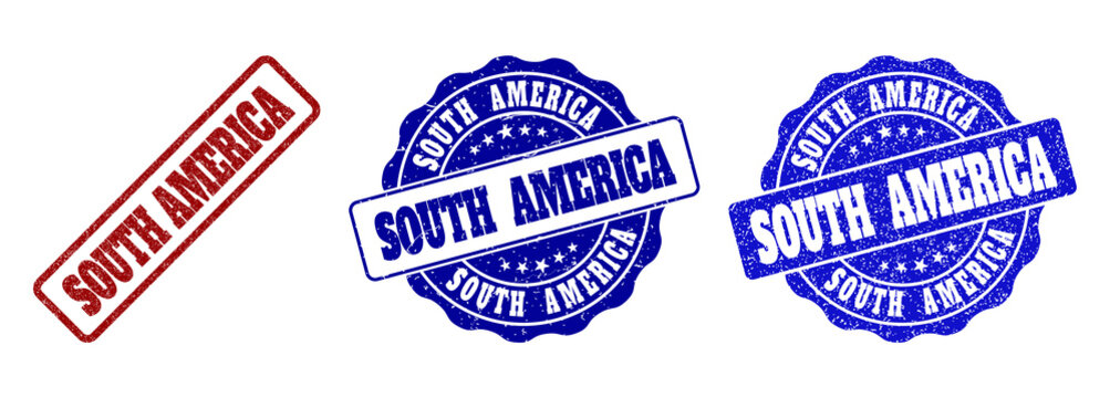 SOUTH AMERICA grunge stamp seals in red and blue colors. Vector SOUTH AMERICA imprints with grainy style. Graphic elements are rounded rectangles, rosettes, circles and text titles.
