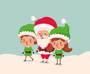 couple helpers with santa claus in snowscape