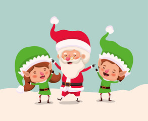 couple helpers with santa claus in snowscape