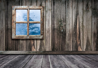 room interior vintage window with wooden wall and floor background