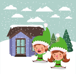 couple santa helpers in snowscape