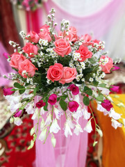 Wedding setup detail in Thailand. Colorful flower in the wedding reception