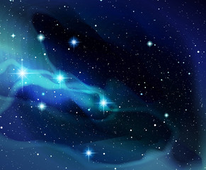 Vector illustration. Shining stars. Fantasy. Cosmos; Outdoor space. Blue galaxy and constellations.