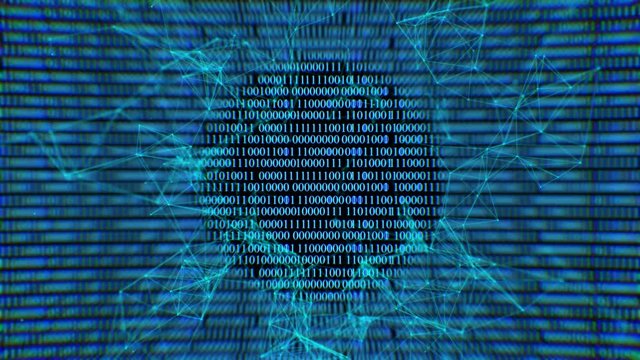 Binary code black and green background with digits moving on screen, Concept of digital age. Algorithm binary, data code, decryption and encoding, row matrix background.