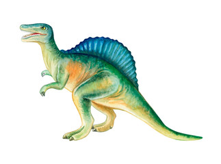 Spinosaurus dinosaur. Hand painted dinosaurs isolated on white background. Predator animal of the prehistoric period. Illustration. Watercolor. Template. Hand drawing. Clipart. Close-up