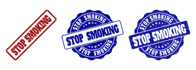 STOP SMOKING grunge stamp seals in red and blue colors. Vector STOP SMOKING imprints with grainy surface. Graphic elements are rounded rectangles, rosettes, circles and text labels.