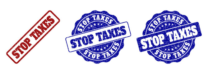 STOP TAXES grunge stamp seals in red and blue colors. Vector STOP TAXES overlays with draft style. Graphic elements are rounded rectangles, rosettes, circles and text captions.
