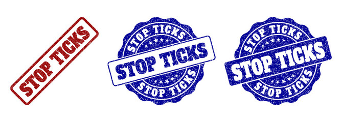 STOP TICKS grunge stamp seals in red and blue colors. Vector STOP TICKS signs with grunge effect. Graphic elements are rounded rectangles, rosettes, circles and text titles.