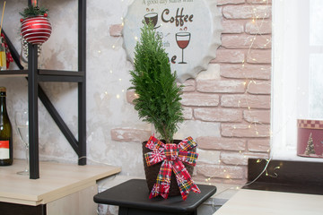  Christmas and Christmas decorations. Spruce in the Christmas interior on the coupon table