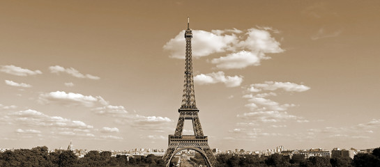 Eiffel Tower in Paris France with sepia effect seen from Hill of