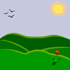 vector illustration of nature, one red flower growing on a hill under the bright sun