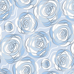 Blue and silver abstract roses seamless pattern