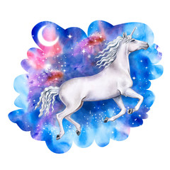 White running unicorn in the night cosmic sky. Galaxy with stars and moon isolated on white background. Horse in motion. White Horse on the run. Watercolor. Illustration. Template. Clipart. Template. 