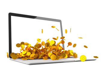 Lots of gold coins spilling out of the laptop monitor 3D illustration