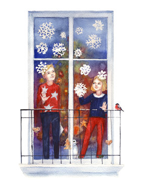 Child couple decorate the winter window with snowflakes. Happy New Year and Merry Christmas card