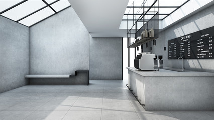 Cafe shop  Restaurant design Minimalist counter concrete Top counter white  concrete wall  concrete floors -3D render