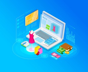 Concept of a modern graphic vector banner, for web design online store and application. E-commerce. Isometry and 3d design. Shopping, purchases and goods.