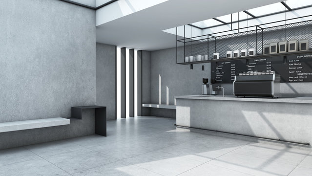 Cafe shop  Restaurant design Minimalist counter concrete Top counter white  concrete wall  concrete floors -3D render
