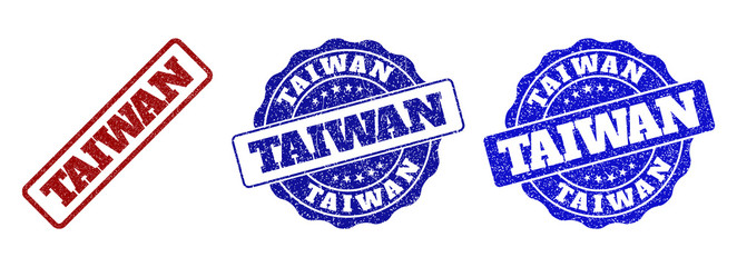 Obraz premium TAIWAN grunge stamp seals in red and blue colors. Vector TAIWAN overlays with grunge effect. Graphic elements are rounded rectangles, rosettes, circles and text tags.