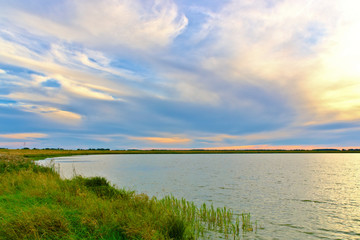 Lake with vegetation on the shore.