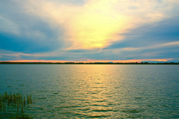 Lake at sunset in summer. Kostroma, Russia.