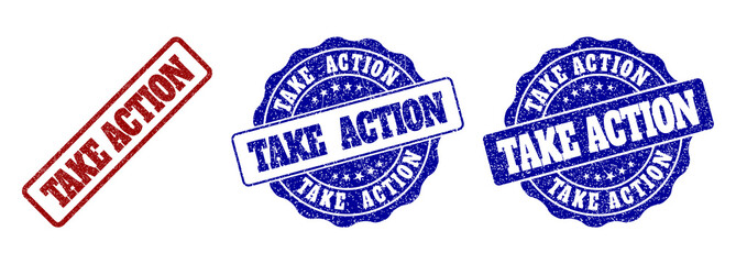 TAKE ACTION grunge stamp seals in red and blue colors. Vector TAKE ACTION overlays with grunge texture. Graphic elements are rounded rectangles, rosettes, circles and text captions.