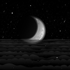 Illustration - crescent moon in the night, the starry sky above the clouds. Vector.