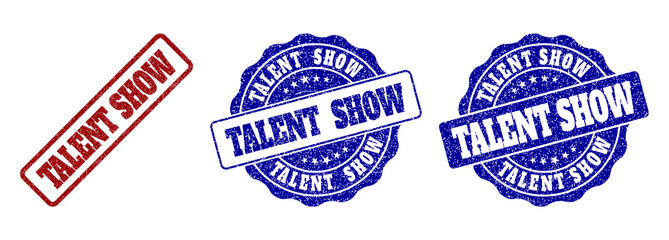 TALENT SHOW grunge stamp seals in red and blue colors. Vector TALENT SHOW marks with grunge style. Graphic elements are rounded rectangles, rosettes, circles and text tags.