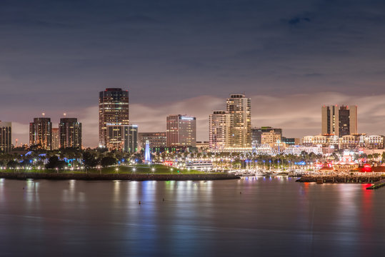 Long Beach California Panorama at night in cloudy night