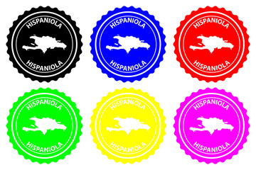 Hispaniola - rubber stamp - vector, Hispaniola map pattern - sticker - black, blue, green, yellow, purple and red