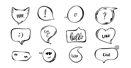 Hand drawn set of speech bubbles with hand written short phrases purr, love you, chat, hello. quotes, question, exclamation mark . black white. vector collection