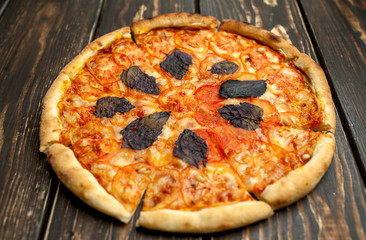 pizza on a wooden table