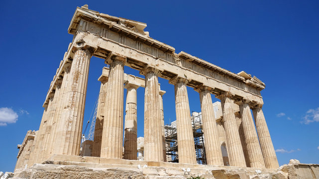 Parthenon temple on a bright day on Acropolis, Athens, Greece