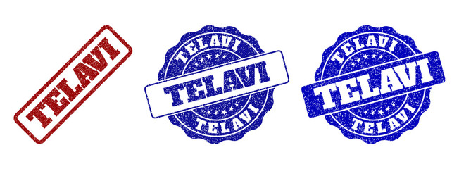 TELAVI grunge stamp seals in red and blue colors. Vector TELAVI marks with grunge effect. Graphic elements are rounded rectangles, rosettes, circles and text labels.