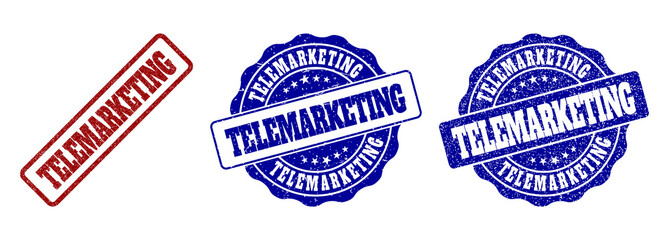 TELEMARKETING scratched stamp seals in red and blue colors. Vector TELEMARKETING labels with draft effect. Graphic elements are rounded rectangles, rosettes, circles and text labels.
