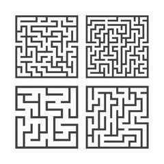 A set of square mazes of various levels of difficulty. Game for kids. Puzzle for children. One entrances, one exit. Labyrinth conundrum. Flat vector illustration isolated on white background.