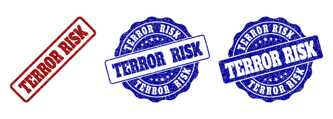 TERROR RISK grunge stamp seals in red and blue colors. Vector TERROR RISK labels with draft texture. Graphic elements are rounded rectangles, rosettes, circles and text labels.