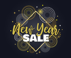 Happy New Year sale . vector illustration with Fireworks black Background. Vector Holiday Design for Premium Greeting Card, Party Invitation, web online store or shop promo offer