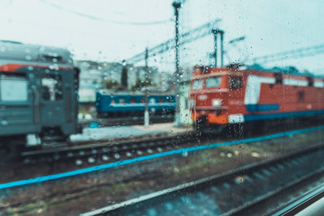 Fototapeta na wymiar view from the train window in rainy weather.