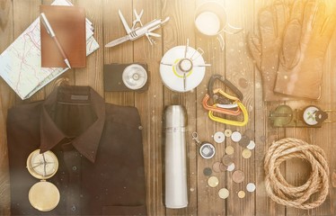 Traveler male stuff, still life,flat lay ,top view