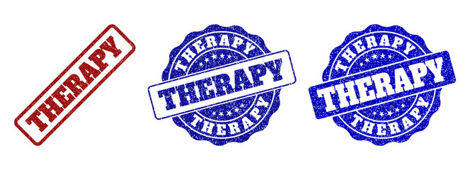THERAPY grunge stamp seals in red and blue colors. Vector THERAPY signs with grunge texture. Graphic elements are rounded rectangles, rosettes, circles and text captions.