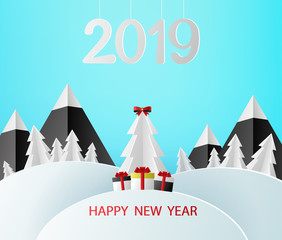 Happy New Year 2019 card with paper Christmas tree with gifts.